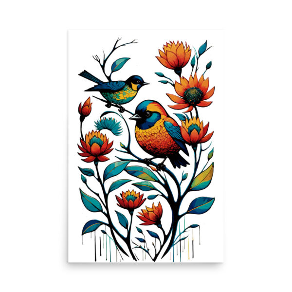 Póster pájaros con flores en el jardín